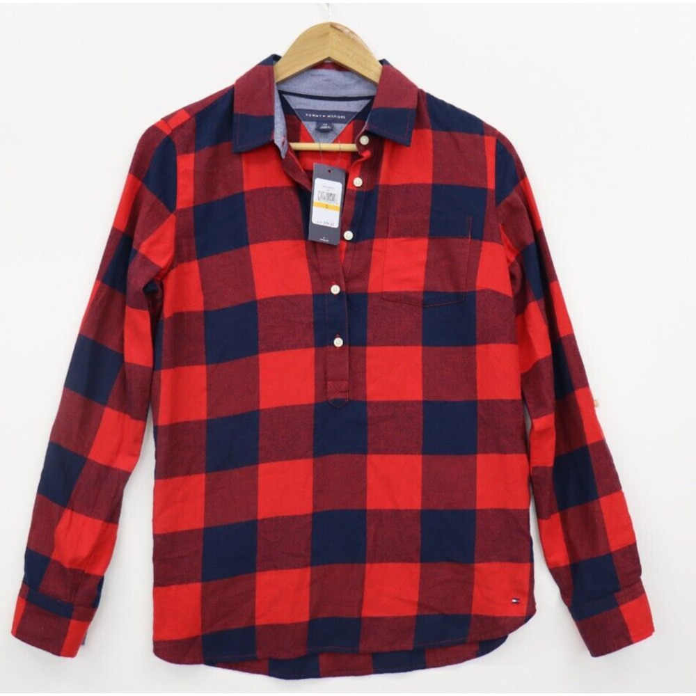NWT Tommy Hilfiger Women Red Plaid Long Sleeve Popover Blouse SP 100% Cotton